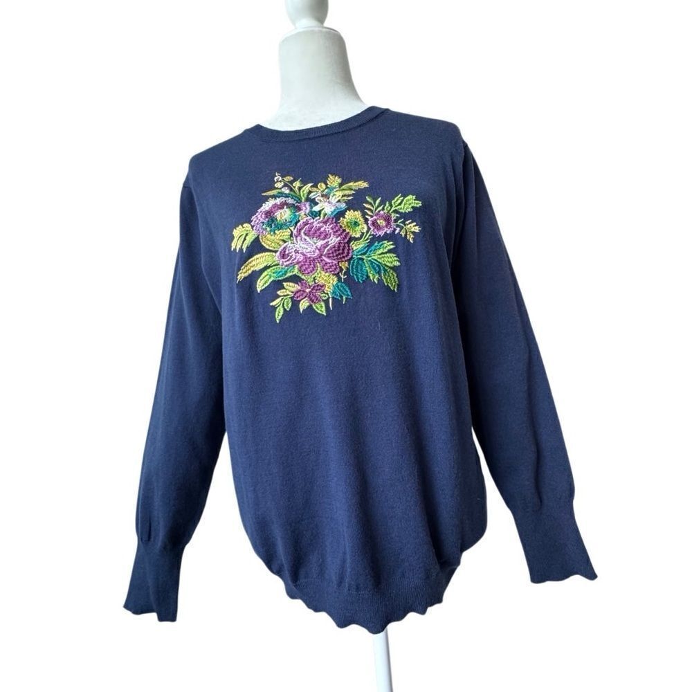 Chadwicks Blue Cardigan Embroidered Floral Long Sleeve Size M